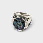 JONES + CO sterling silver statement ring featuring a unique blue abalone shell inlay, handmade in Taxco, Mexico.