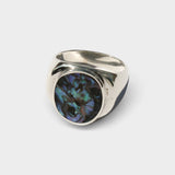 JONES + CO sterling silver statement ring featuring a unique blue abalone shell inlay, handmade in Taxco, Mexico.