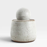 JONES + CO alabaster matte glaze stoneware stash jar with chunky knob lid. Handmade speckled ceramic.