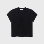 JONES + CO Alanis V-neck t-shirt in true black recycled cotton with a relaxed cropped silhouette.