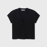 JONES + CO Alanis V-neck t-shirt in true black recycled cotton with a relaxed cropped silhouette.