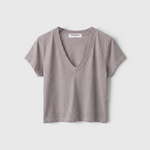 JONES + CO Alanis V-neck tee in cloud gray recycled cotton with a relaxed cropped fit and short sleeves.