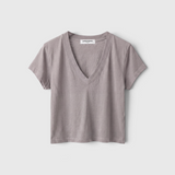 JONES + CO Alanis V-neck tee in cloud gray recycled cotton with a relaxed cropped fit and short sleeves.