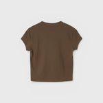 Back view of the JONES + CO Alanis V Neck cropped tee in dark olive recycled cotton.