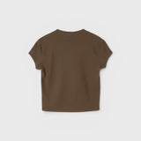 Back view of the JONES + CO Alanis V Neck cropped tee in dark olive recycled cotton.