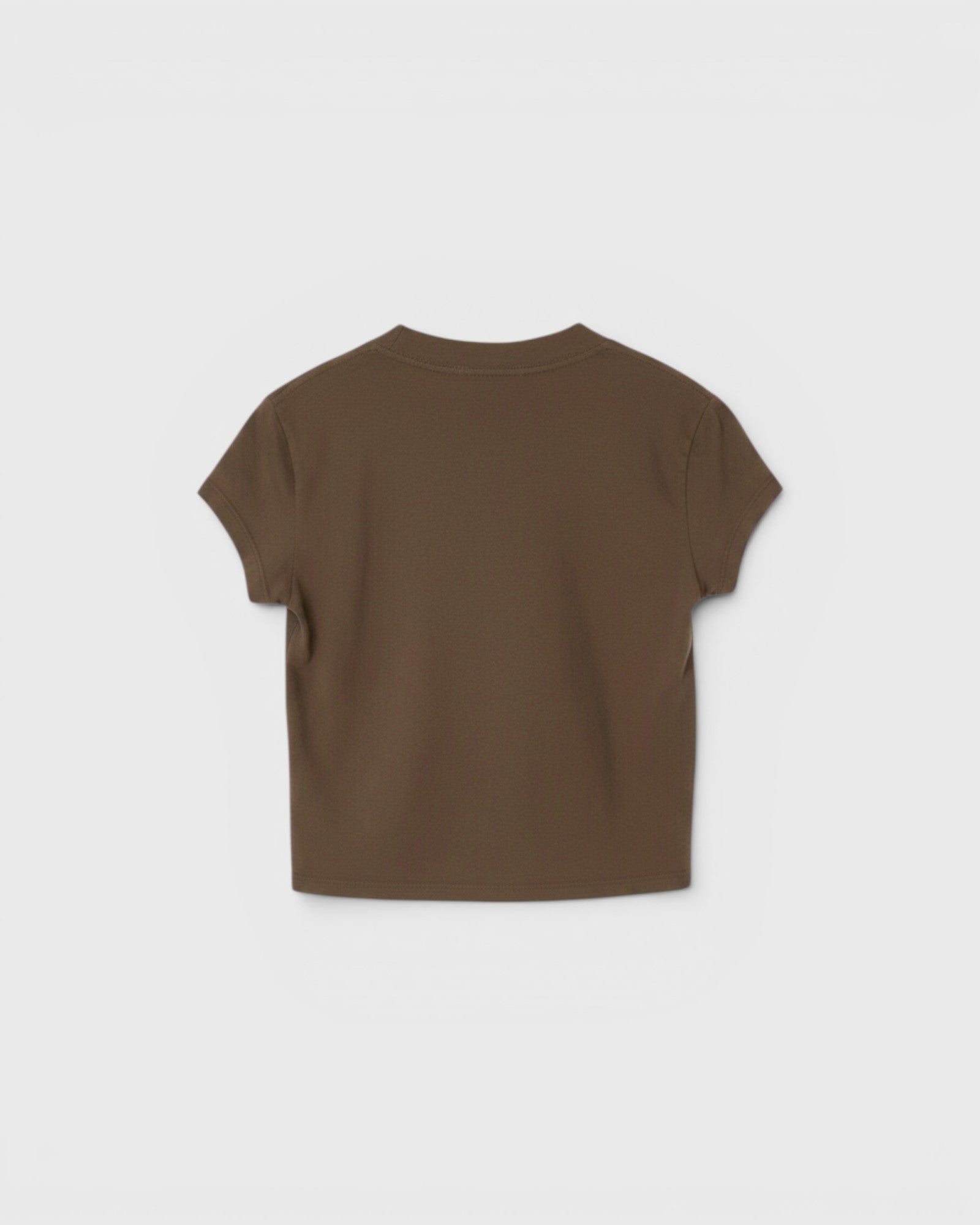 Back view of the JONES + CO Alanis V Neck cropped tee in dark olive recycled cotton.