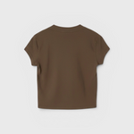 Back view of the JONES + CO Alanis V Neck cropped tee in dark olive recycled cotton.