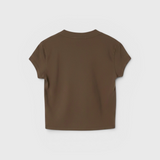Back view of the JONES + CO Alanis V Neck cropped tee in dark olive recycled cotton.