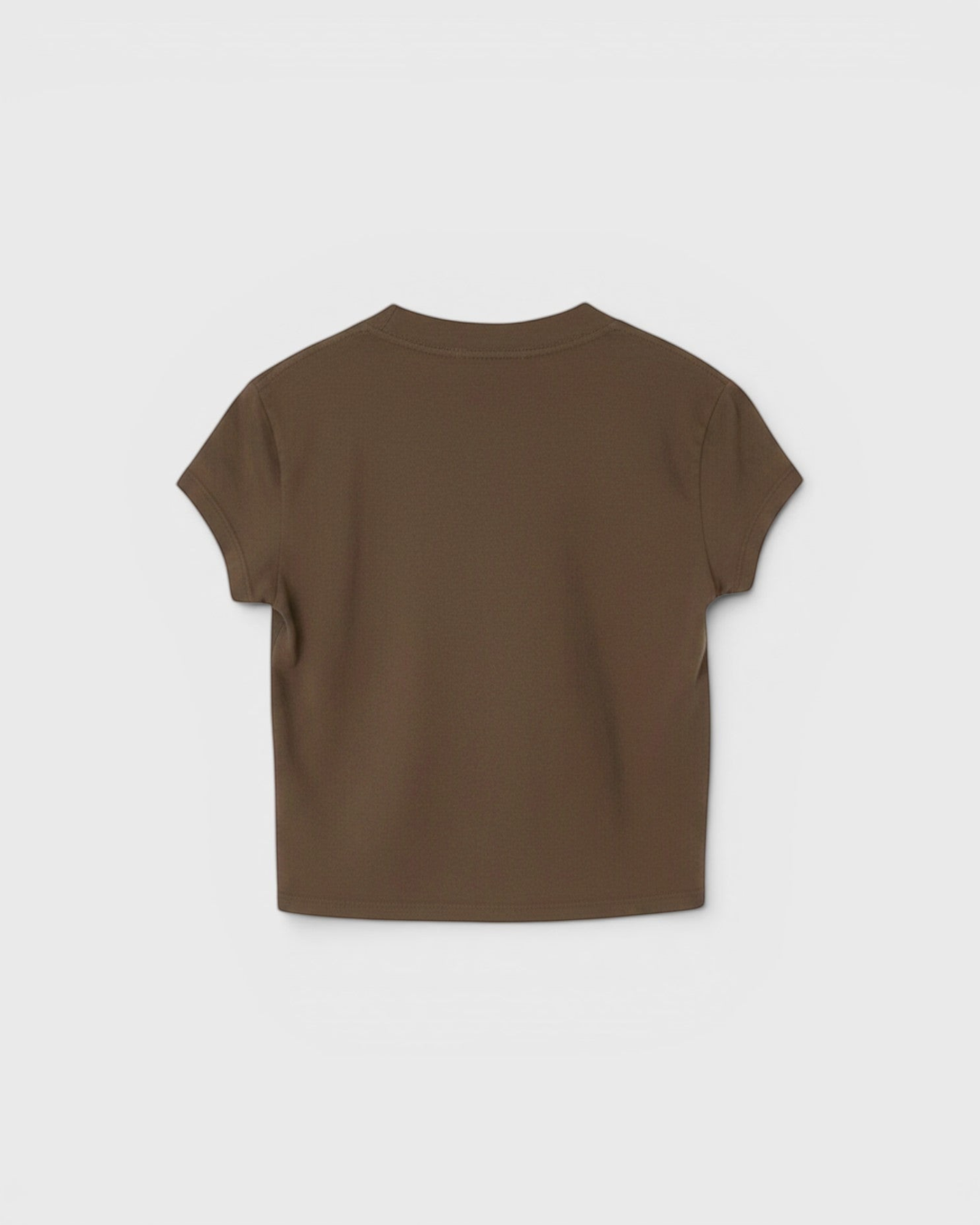 Back view of the JONES + CO Alanis V Neck cropped tee in dark olive recycled cotton.