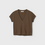 JONES + CO Alanis V Neck tee in dark olive recycled cotton with a relaxed cropped fit and deep neckline.