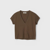 JONES + CO Alanis V Neck tee in dark olive recycled cotton with a relaxed cropped fit and deep neckline.