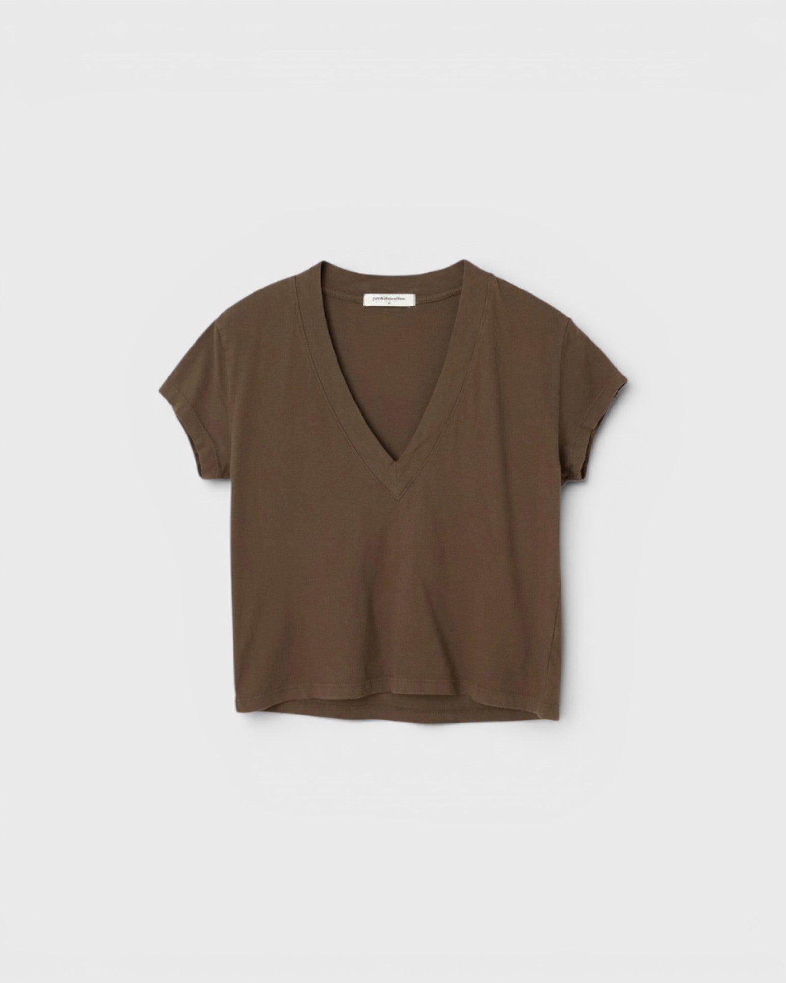 JONES + CO Alanis V Neck tee in dark olive recycled cotton with a relaxed cropped fit and deep neckline.