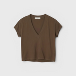 JONES + CO Alanis V Neck tee in dark olive recycled cotton with a relaxed cropped fit and deep neckline.
