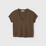 JONES + CO Alanis V Neck tee in dark olive recycled cotton with a relaxed cropped fit and deep neckline.