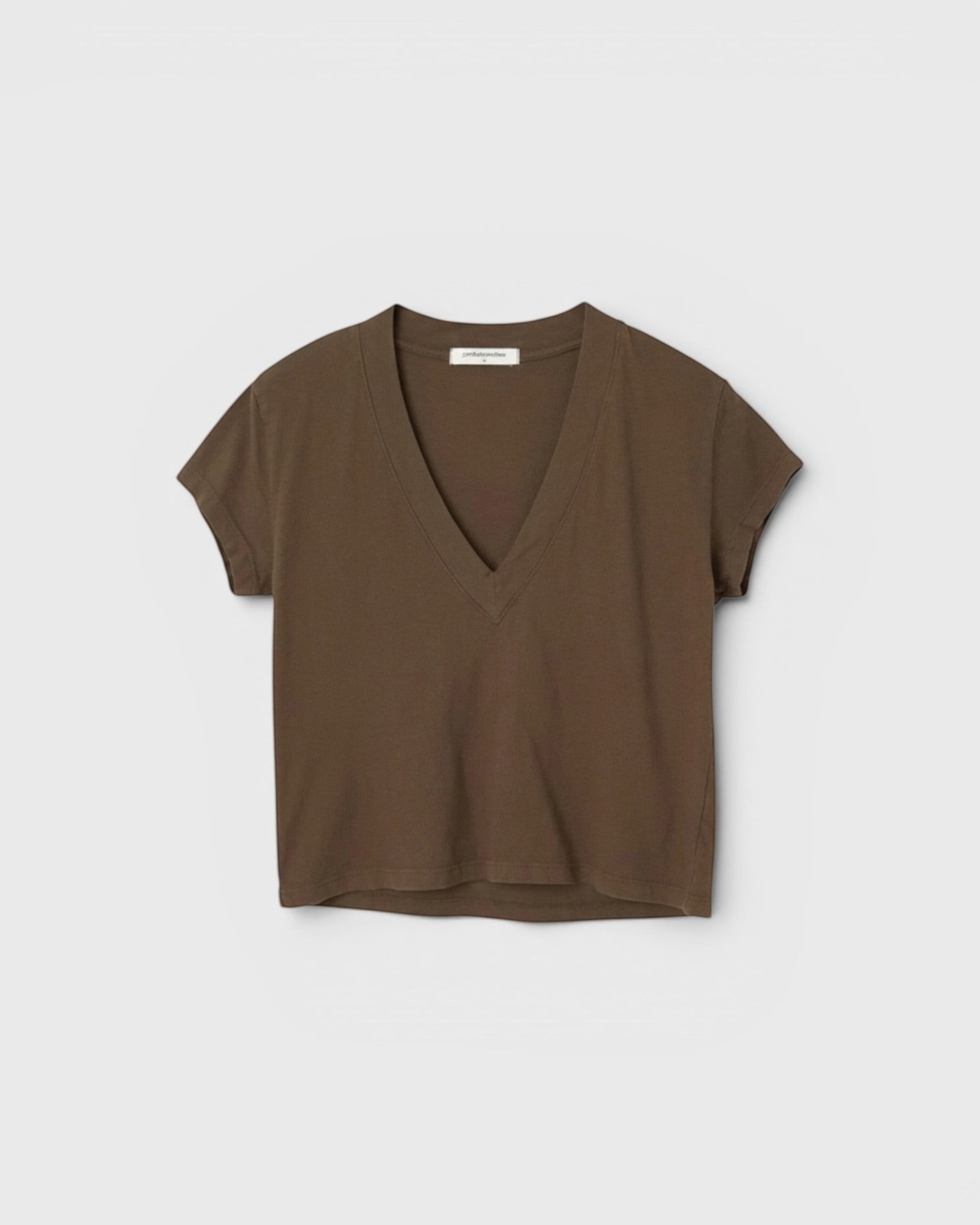 JONES + CO Alanis V Neck tee in dark olive recycled cotton with a relaxed cropped fit and deep neckline.