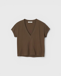 JONES + CO Alanis V Neck tee in dark olive recycled cotton with a relaxed cropped fit and deep neckline.