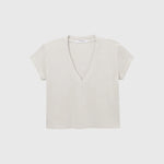 JONES + CO Alanis V-neck tee in whitecap grey, crafted from recycled cotton with a relaxed cropped silhouette.