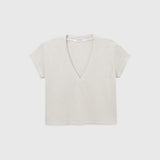 JONES + CO Alanis V-neck tee in whitecap grey, crafted from recycled cotton with a relaxed cropped silhouette.