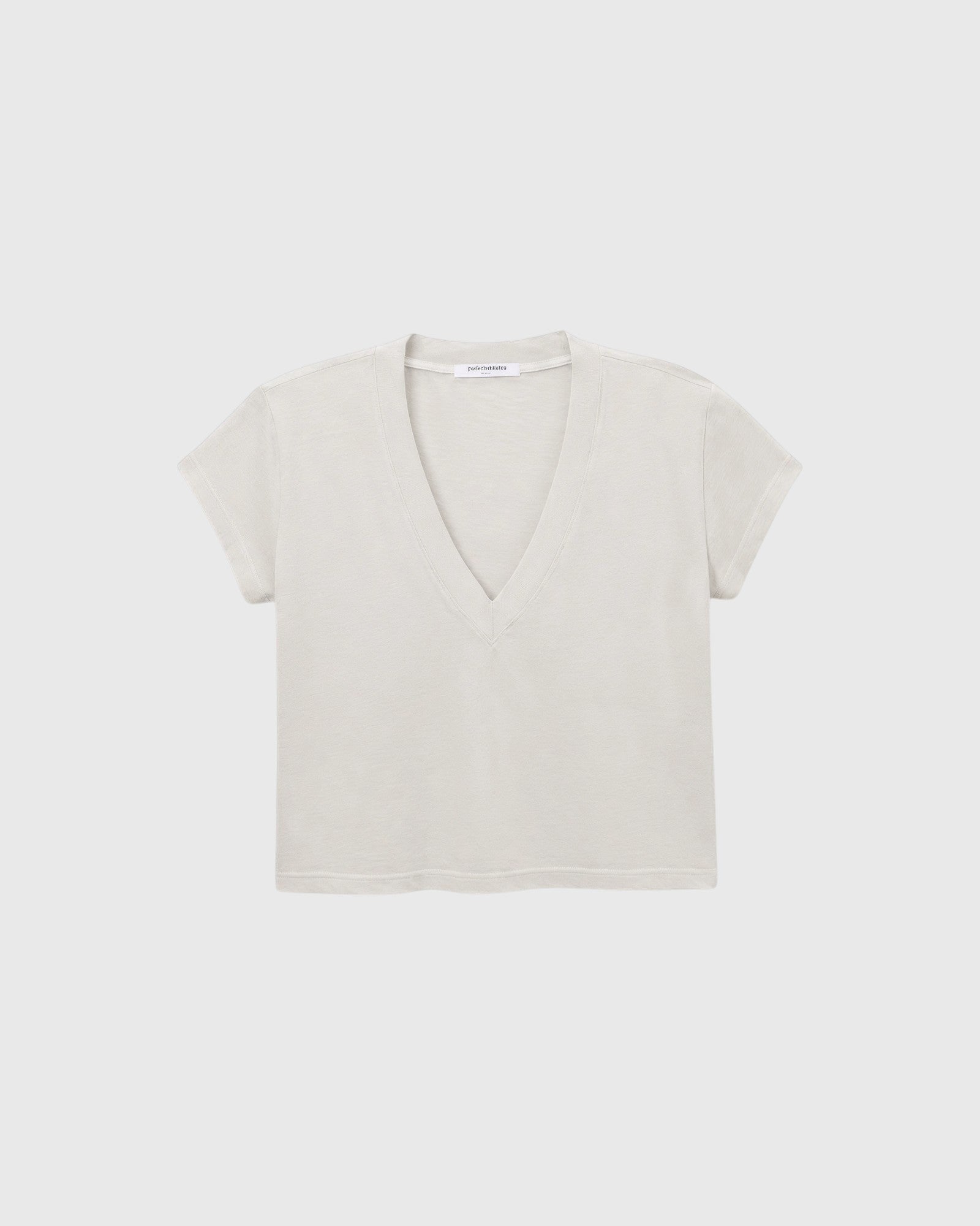 JONES + CO Alanis V-neck tee in whitecap grey, crafted from recycled cotton with a relaxed cropped silhouette.