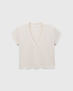 JONES + CO Alanis V Neck tee in sugar off-white recycled cotton with a relaxed cropped fit and deep neckline.
