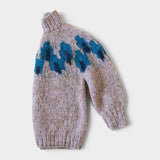 JONES + CO chunky superfine alpaca raglan pullover in light grey with a blue peacock intarsia knit pattern