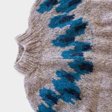 JONES + CO chunky raglan pullover in beige and peacock blue intarsia knit superfine alpaca wool
