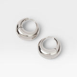 JONES + CO Alpha Hoop small chunky tapered huggie earrings in sterling silver-plated brass with hinge detail.