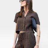 JONES + CO Anais Linen Shirt in chestnut brown. Short-sleeve, button-down, relaxed fit, cropped length.