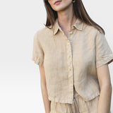 JONES + CO Anais linen shirt in toffee. Relaxed fit, button-down, short sleeves, and minimalist collar.