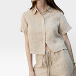 JONES + CO Anais linen shirt in toffee. Short-sleeve, button-down, cropped fit with a relaxed silhouette.