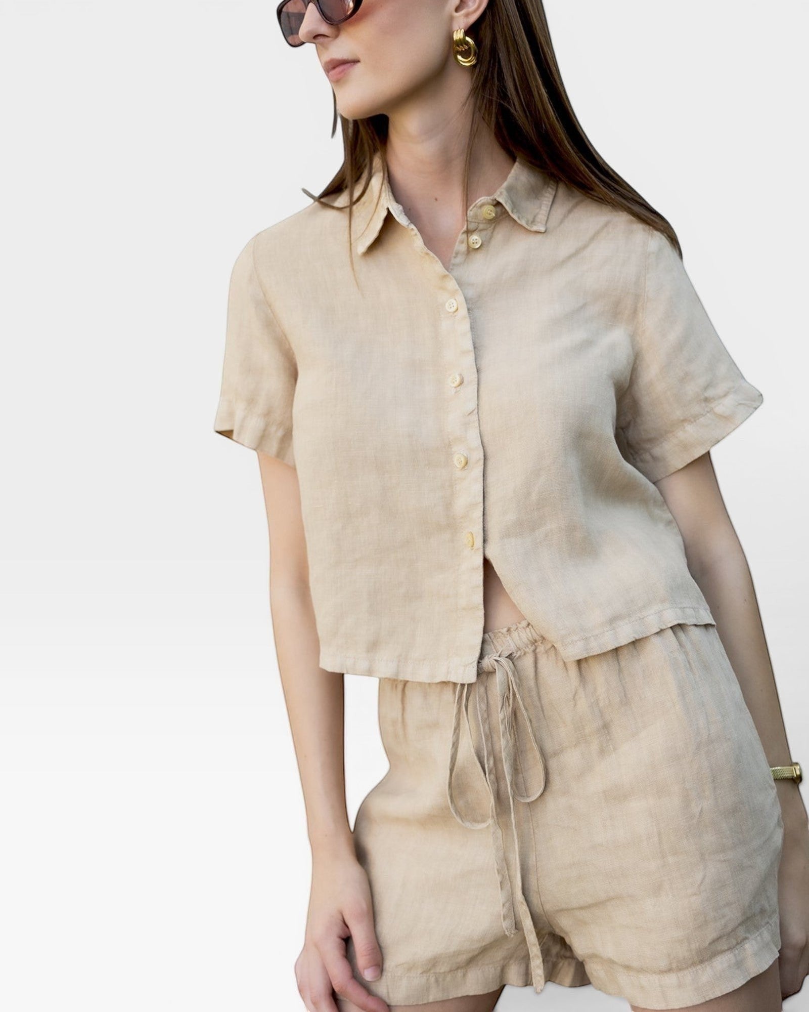 JONES + CO Anais linen shirt in toffee. Short-sleeve, button-down, cropped fit with a relaxed silhouette.