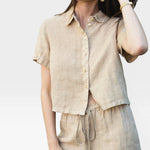 JONES + CO Anais linen shirt in toffee. Short-sleeve, button-down, collared, cropped style.