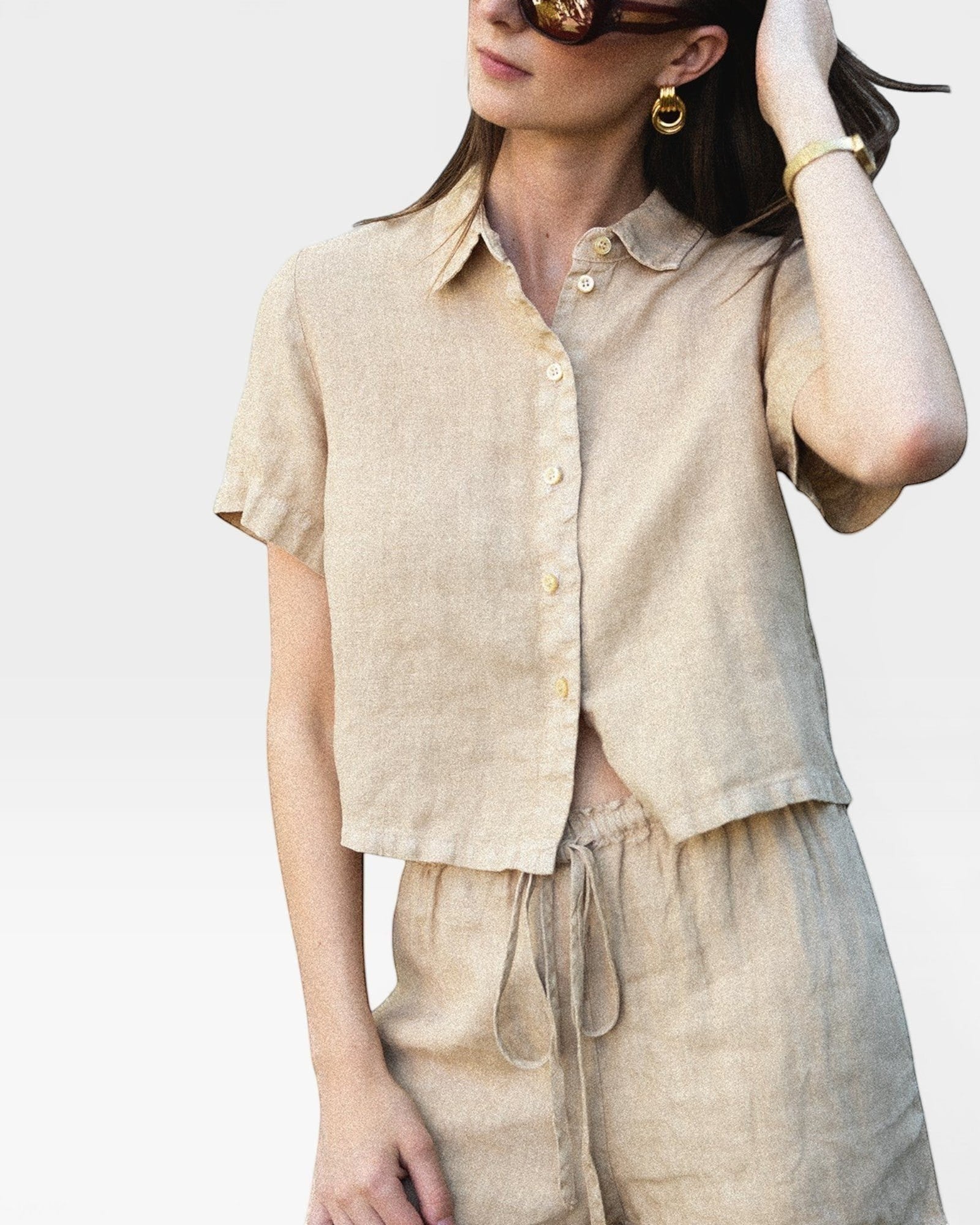 JONES + CO Anais linen shirt in toffee. Short-sleeve, button-down, collared, cropped style.
