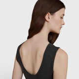 JONES + CO Iris scoop back tank in anthracite wool, cashmere, and silk rib knit with wide straps.