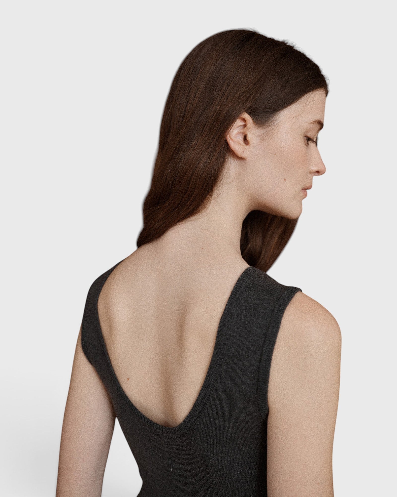 JONES + CO Iris scoop back tank in anthracite wool, cashmere, and silk rib knit with wide straps.