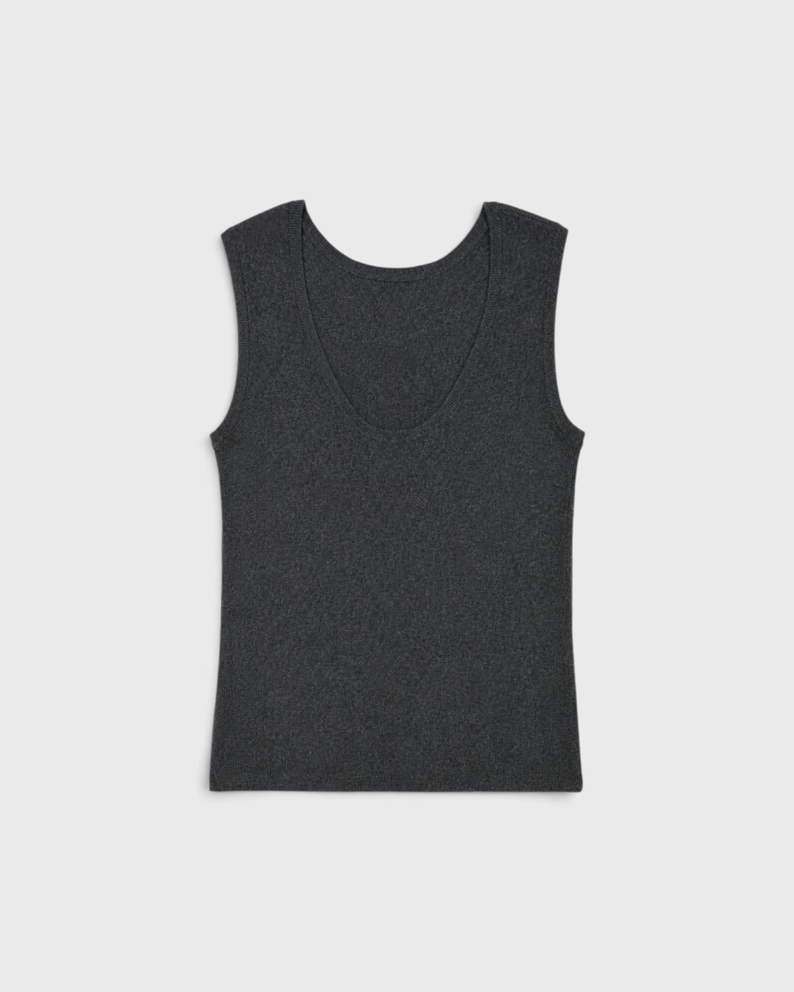 JONES + CO Iris scoop back tank in anthracite wool, cashmere, and silk rib knit with a square neckline.