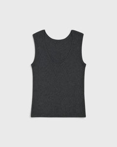 JONES + CO Iris scoop back tank in anthracite wool, cashmere, and silk rib knit with a square neckline.
