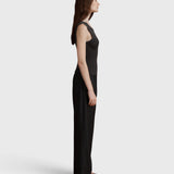 JONES + CO Iris scoop back tank in anthracite wool, cashmere, and silk rib knit worn by a model, side profile view.