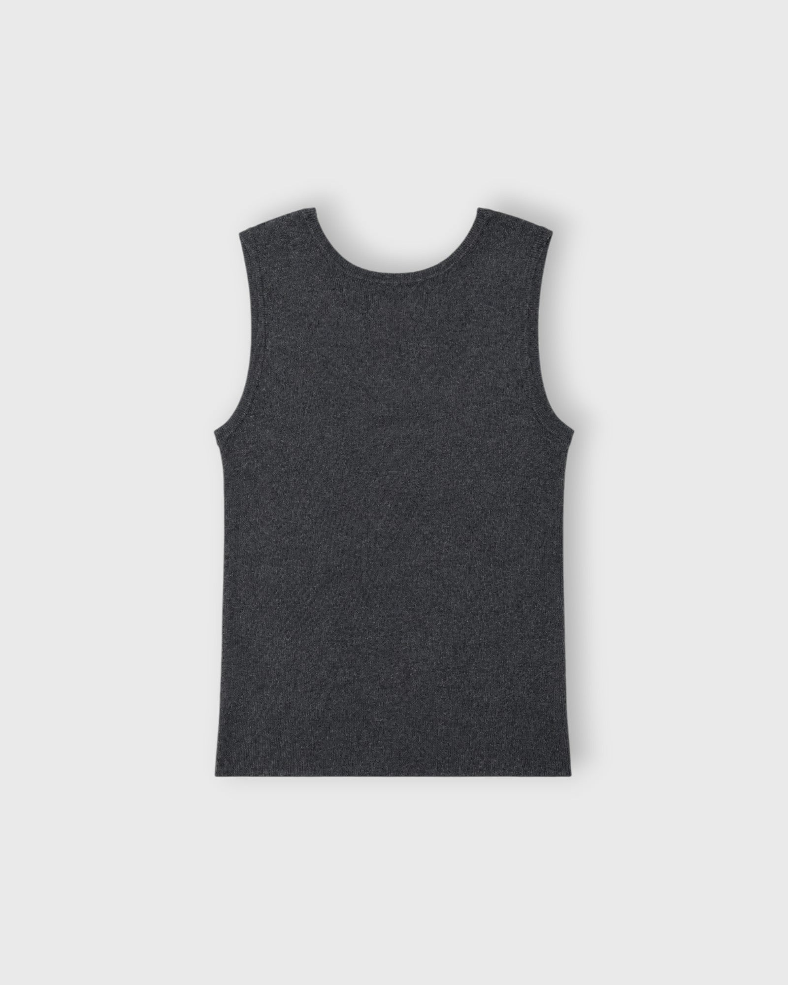 JONES + CO anthracite grey rib knit tank top featuring a deep scoop back and wide straps in a wool cashmere blend.