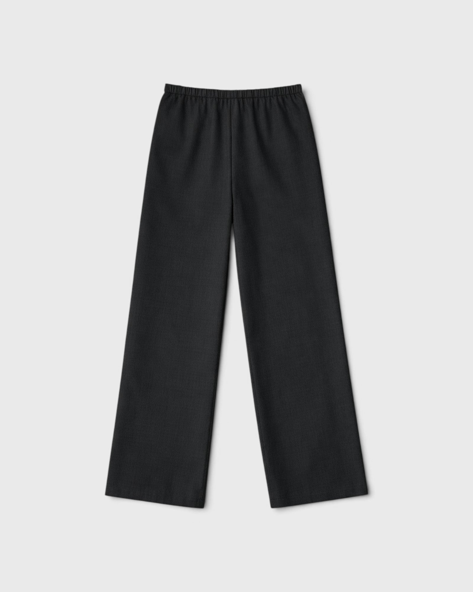 JONES + CO Joanna anthracite wool trousers with a relaxed wide leg and slim gathered elastic waistband.