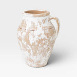 JONES + CO antique Turkish ceramic olive oil pot with aged patina, distressed white and tan finish.