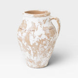 JONES + CO antique Turkish ceramic olive oil pot with aged patina, distressed white and tan finish.