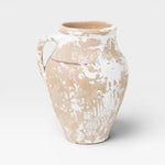 Antique JONES + CO Turkish ceramic olive oil pot with aged patina and distressed white finish.