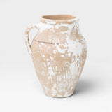 Antique JONES + CO Turkish ceramic olive oil pot with aged patina and distressed white finish.