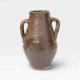 JONES + CO antique Turkish ceramic olive oil pot with aged patina and two handles. Dark brown glaze.