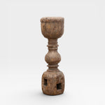 JONES + CO antique carved wooden pillar with weathered patina, rustic charm, and square cutouts at base.