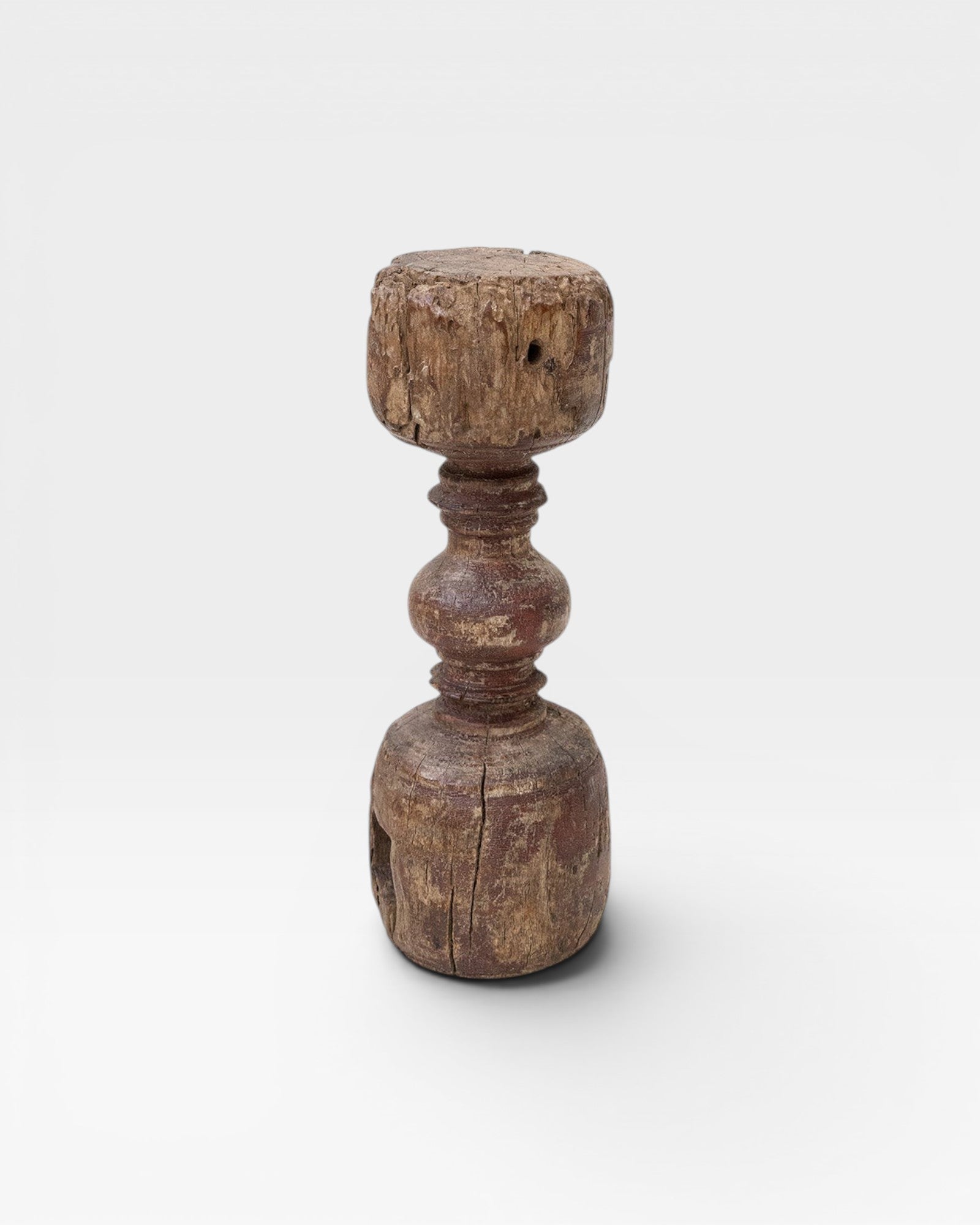 JONES + CO antique rustic wooden pillar with red paint accents, carved architectural element, 12" tall.