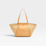 JONES + CO Archive 1970 tote bag in tan canvas and cowhide with a triangular silhouette and leather handles.