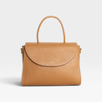 JONES + CO Archive 1978 Linea Top Handle Bag in Gianduia brown vegetable-tanned leather with rounded flap and white stitching.