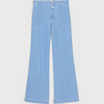 JONES + CO Aria light blue flared jeans in mid-weight stretch denim with high waist and front patch pockets.